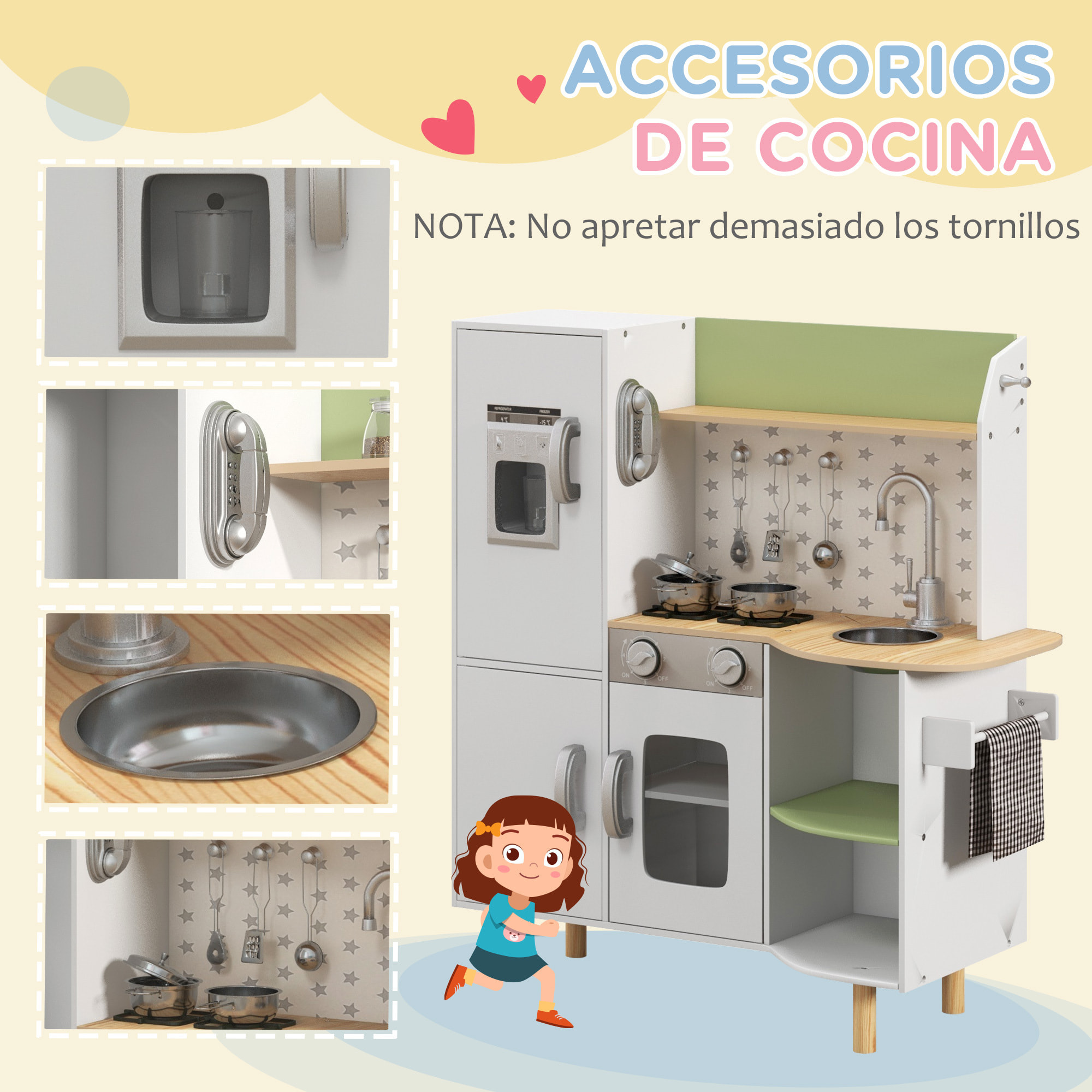 Cocina de Juguete de Madera para Niños de 3-6 Años Cocinita Infantil con Máquina de Hielo Fregadero de Acero Inoxidable Móvil Taza y Utensilios 84x34x89 cm Blanco