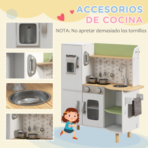 Cocina de Juguete de Madera para Niños de 3-6 Años Cocinita Infantil con Máquina de Hielo Fregadero de Acero Inoxidable Móvil Taza y Utensilios 84x34x89 cm Blanco