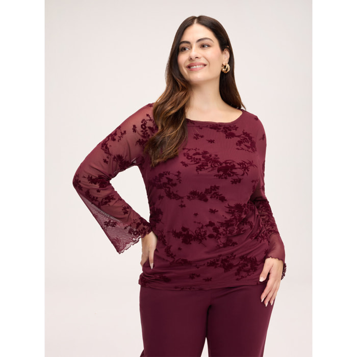 Fiorella Rubino - T-shirt in tulle con ricamo flock - Bordeaux