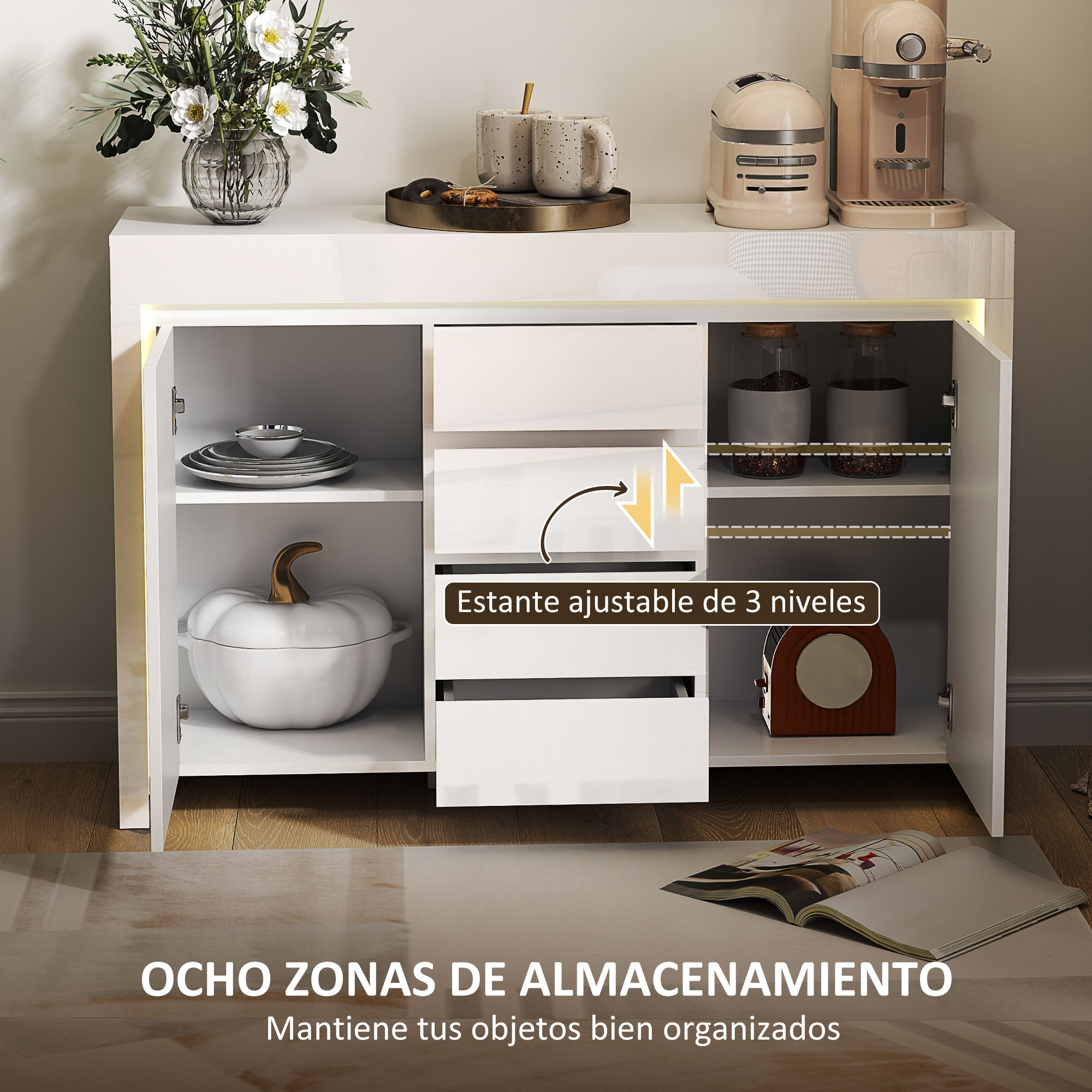 Aparador con Luces LED Aparador de Salón con 4 Cajones Cierre Suave Estantes Ajustables y Mando a Distancia Mueble Aparador de Dormitorio 120x34x80 cm Blanco Brillo