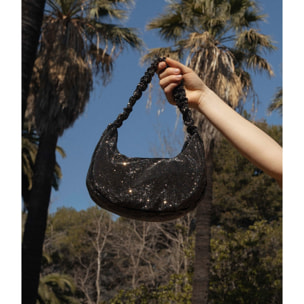 Bolso de hombro negro con brillantes y asa con pliegues