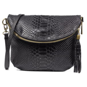 FIRENZE ARTEGIANI Ancona Borsa a tracolla da donna Vera pelle scamosciata stampa serpente Made in Italy 23x4x19 Cm. Colore nero