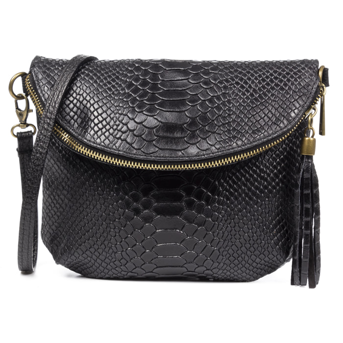 FIRENZE ARTEGIANI Ancona Borsa a tracolla da donna Vera pelle scamosciata stampa serpente Made in Italy 23x4x19 Cm. Colore nero