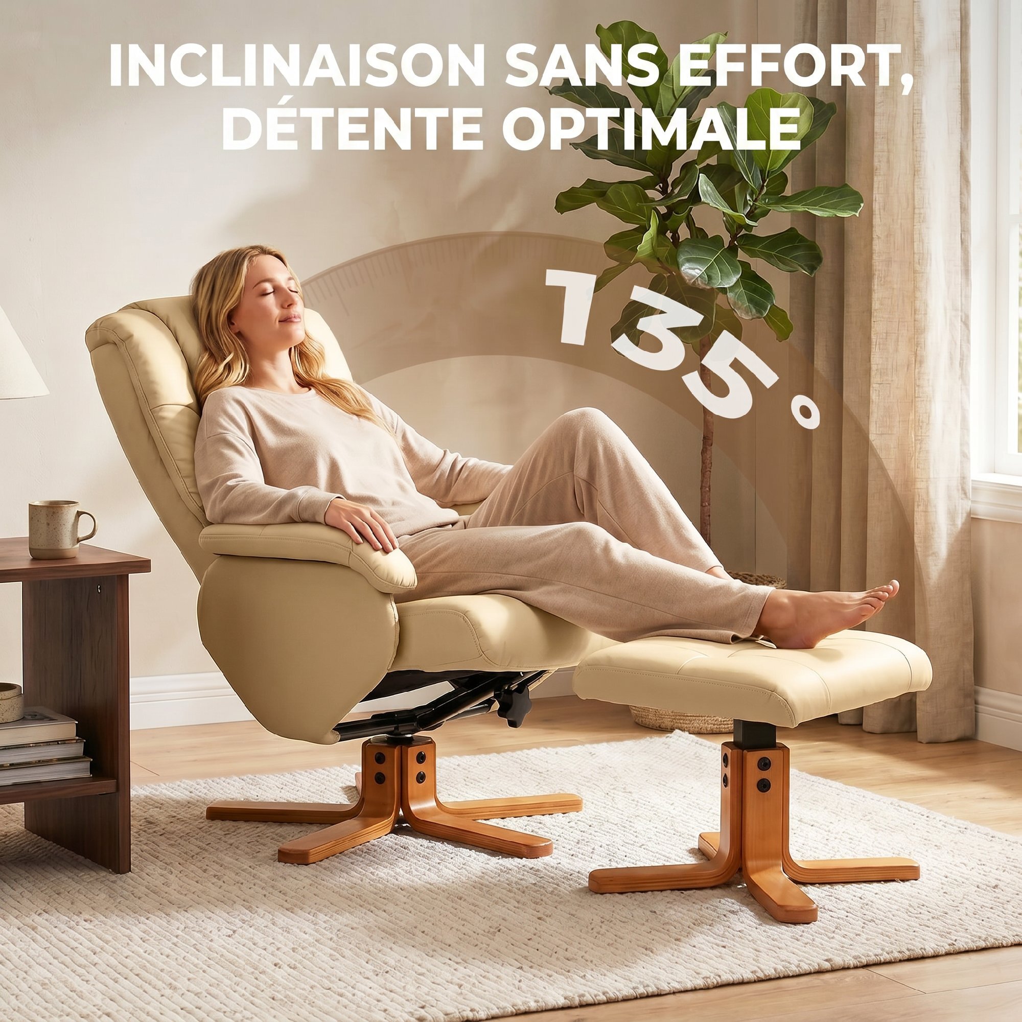 Fauteuil relax inclinable pivotant avec repose-pied piètement bois clair synthétique beige