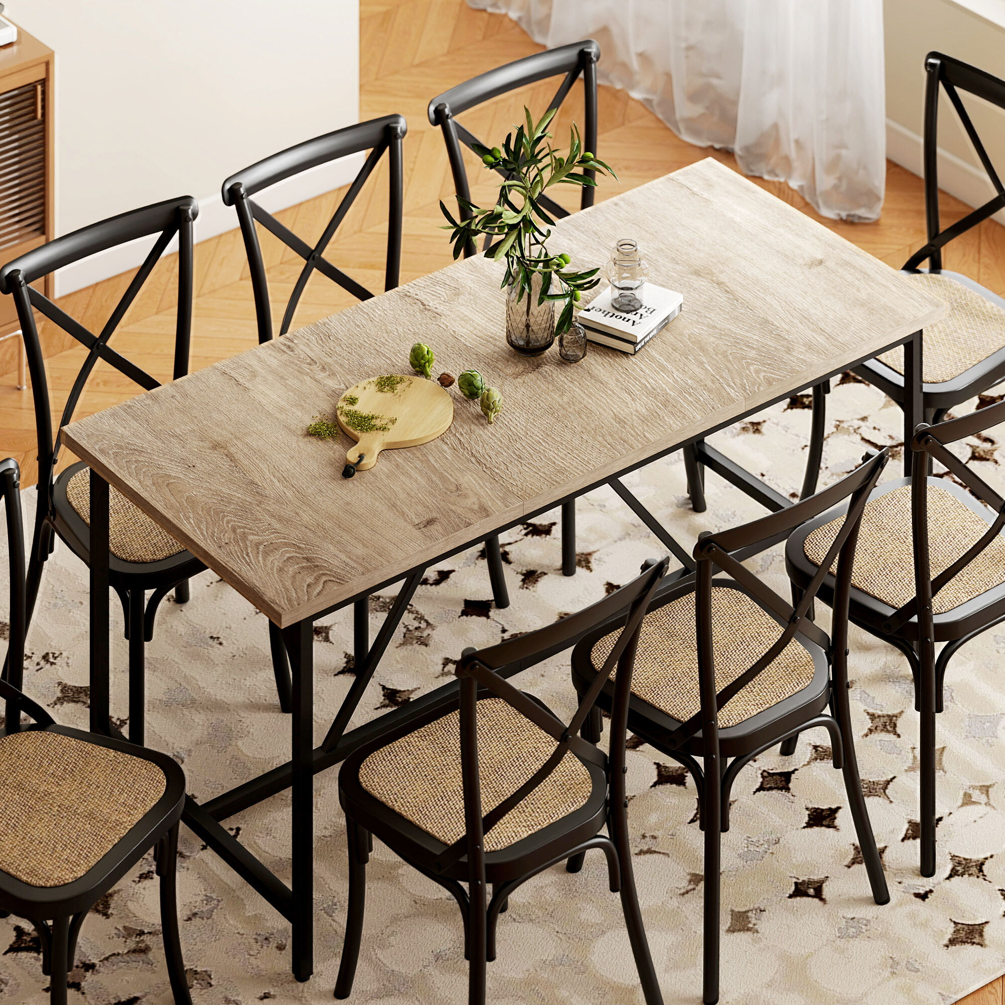 Table à manger style industriel 6-8 personnes dim. 180x80x75cm métal noir effet chêne clair