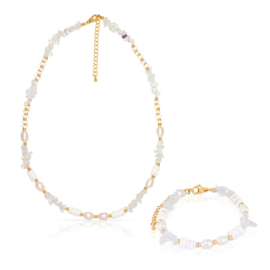 Set de pulsera y collar a juego de ópalo, conchas y perlas naturales con cierre de mosquetón.
