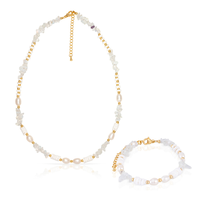 Set de pulsera y collar a juego de ópalo, conchas y perlas naturales con cierre de mosquetón.