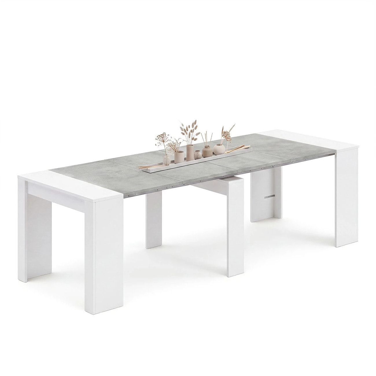 Mesa consola extensible en blanco artik y gris cemento 50-235x90 cm Denis Blanco Artik (Blanco Mate) - Gris Cemento