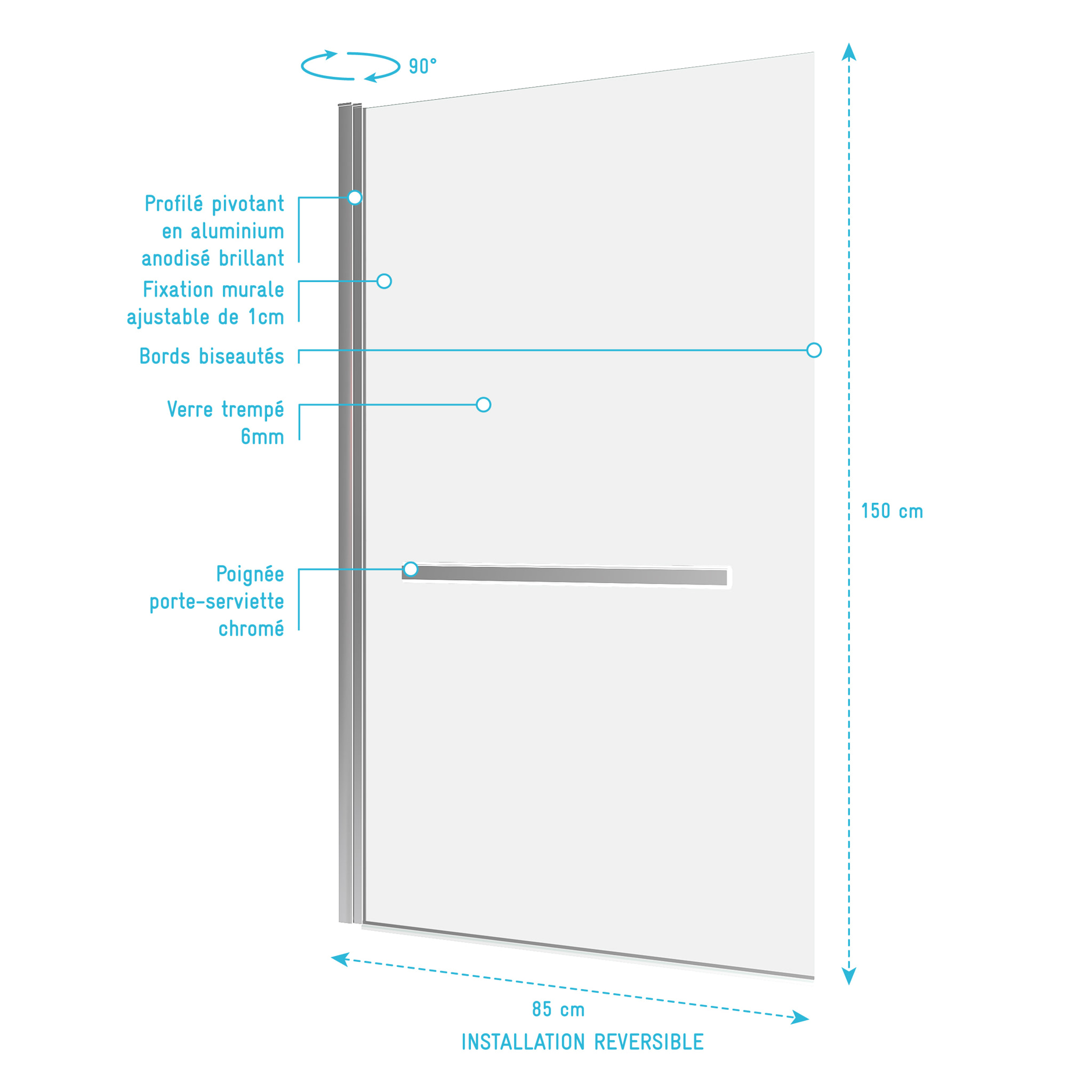 Pare baignoire Pivotant avec Porte-Serviette 85x150cm - Profilé Chrome - Verre 6mm - TSHAPE CHROMED