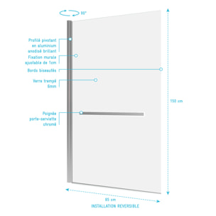 Pare baignoire Pivotant avec Porte-Serviette 85x150cm - Profilé Chrome - Verre 6mm - TSHAPE CHROMED