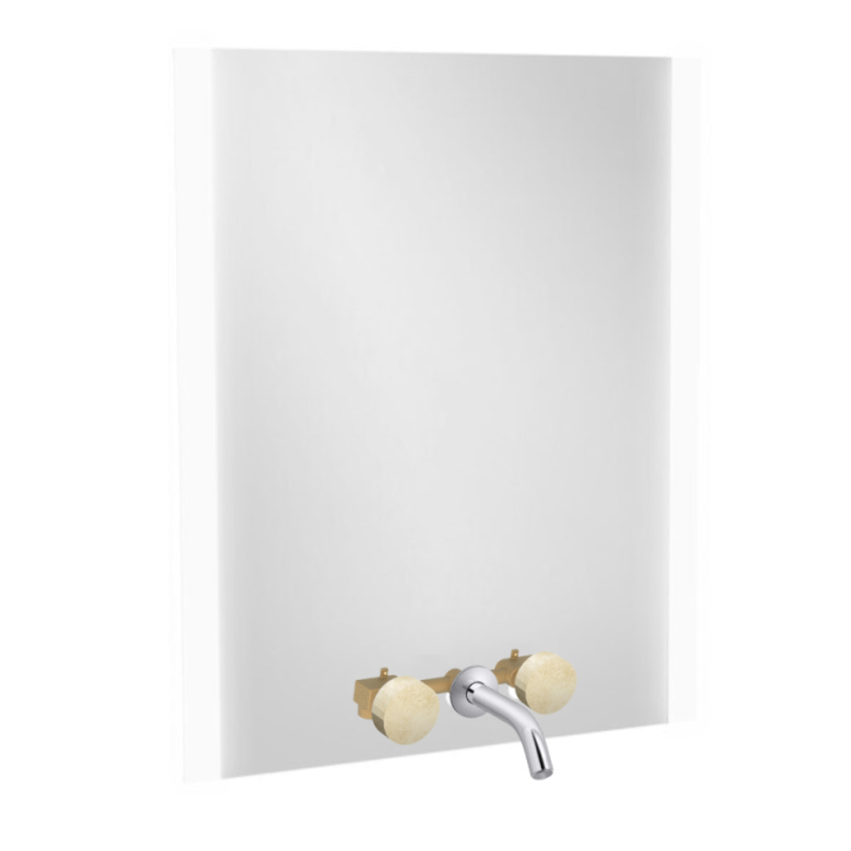 Miroir 3 trous 80 cm + mélangeur lavabo encastré 3 trous Grands Boulevards marbré travertin sable et chromé