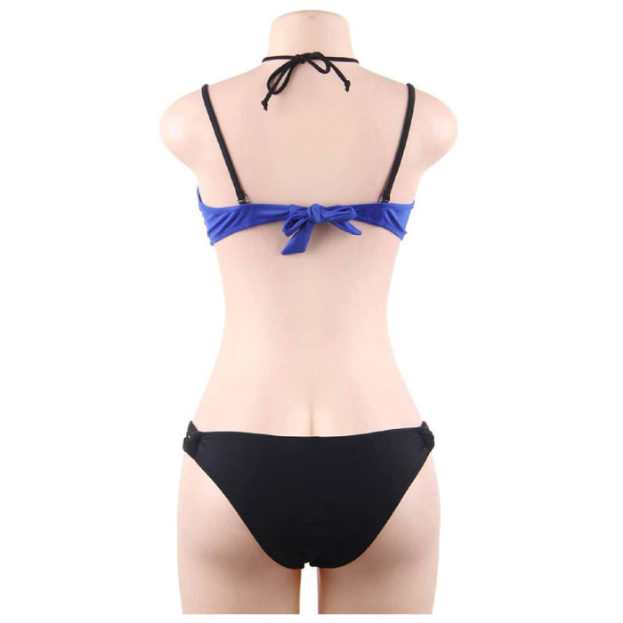 Bikini sexy azul con push up y malla con cuello elegante