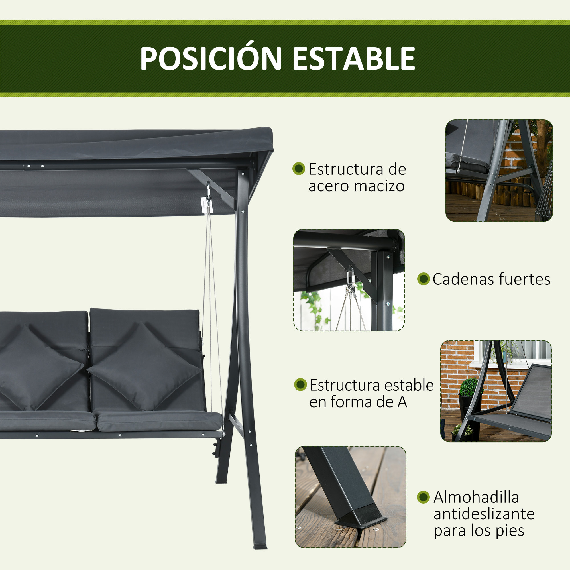 Columpio de Jardín Exterior de 3 Plazas, Balancín de Jardín Exterior con Techo Ajustable Cojines, Almohadas y Estructura de Acero, para Terraza, Patio, Carga 320 kg, 202x115x168 cm, Gris