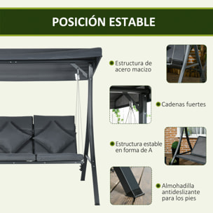 Columpio de Jardín Exterior de 3 Plazas, Balancín de Jardín Exterior con Techo Ajustable Cojines, Almohadas y Estructura de Acero, para Terraza, Patio, Carga 320 kg, 202x115x168 cm, Gris