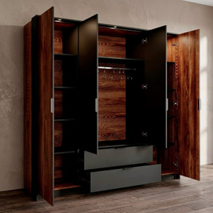 Armadio Guardaroba 4 Ante Con Specchi E 2 Cassetti Per Camera Da Letto 9 Ripiani E Tubo Appendiabiti Moderno 223.2 x 210 x 59 Cm Castagno E Antracite
