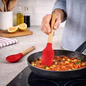 Bergner EXCALIBUR Juego de 2 utensilios de cocina - Cuchara y Espátula - de silicona y mango de madera en color Rojo