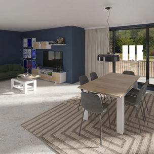 Pack salón con mesa de centro y mesa de comedor Kenzo Max V1A Blanco Artik (Blanco Mate) - Roble Canadian