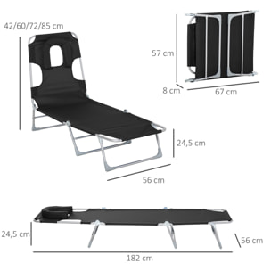 Tumbona Reclinable Plegable Jardín con Reposacabezas y Respaldo Ajustable Negro