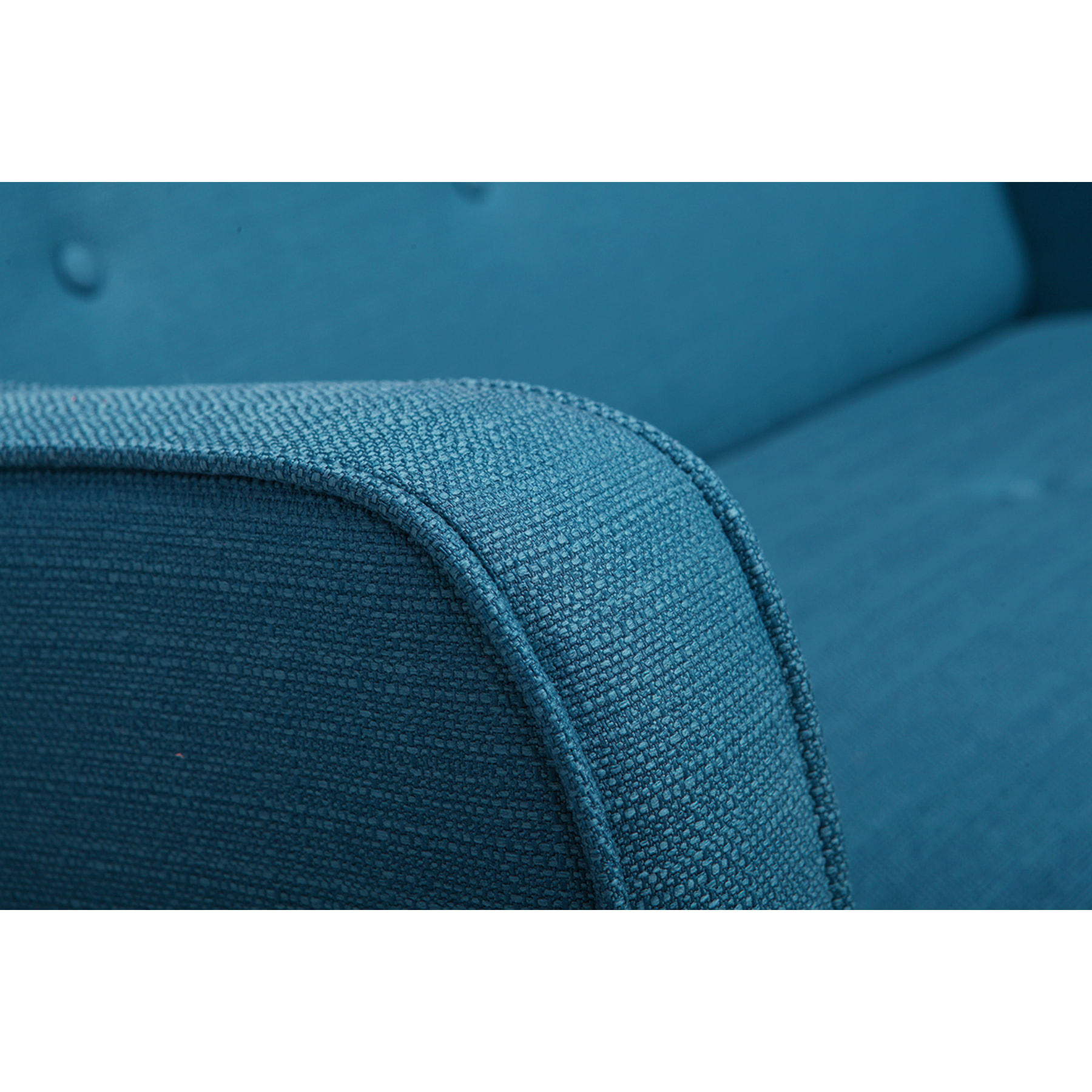 Canapé scandinave 2 places en tissu bleu canard et bois clair ULLA