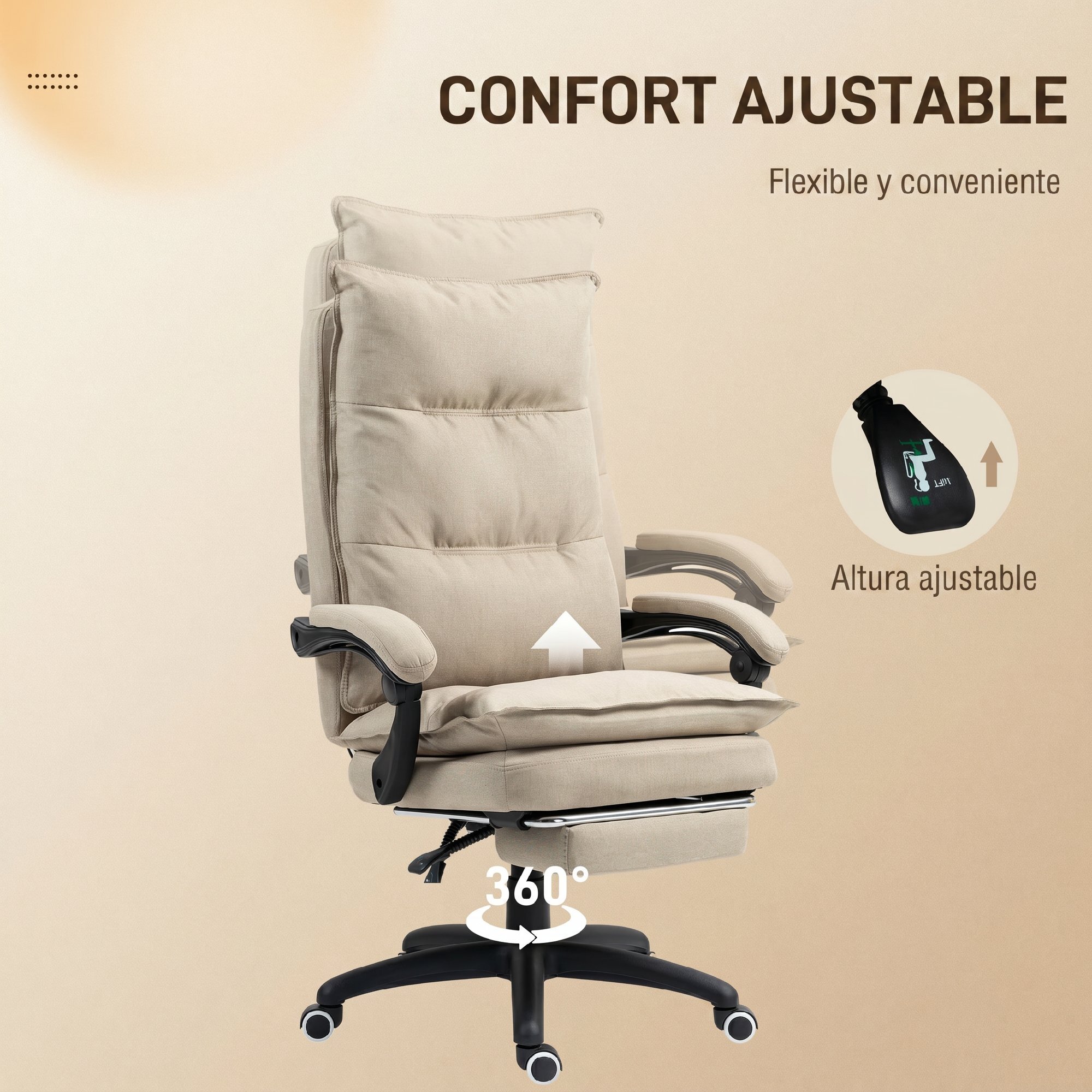Vinsetto Silla de Oficina Ejecutiva con Masaje, Silla de Escritorio Ergonómica con Altura Ajustable, Respaldo Reclinable, Reposapiés, Mando con Cable, Giratoria 360°, Beige