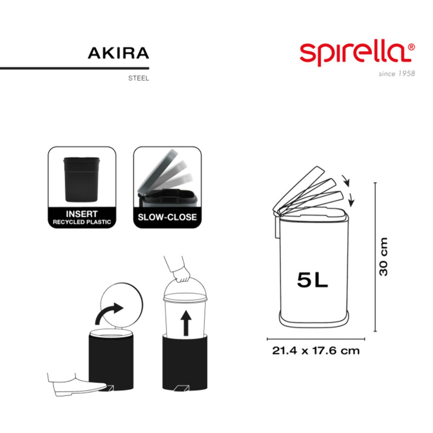 Poubelle à pédale Acier AKIRA 5L Pêche mat Spirella