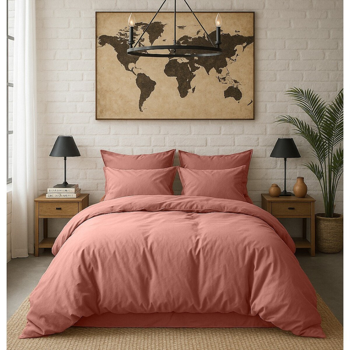 Paire de Taies d'oreiller avec volant 100% percale de coton lavé rose profond