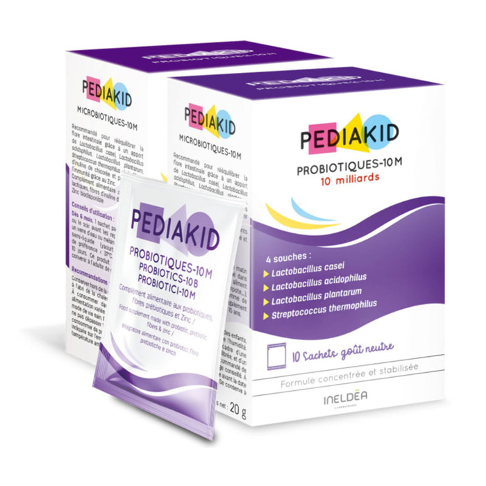 PEDIAKID - Probiotiques-10M - Rééquilibre la flore intestinale - Apporte 10 milliards de ferments lactiques - Soutient l'immunité - Dès 6 mois - Etui de 10 sachets - Lot de 2