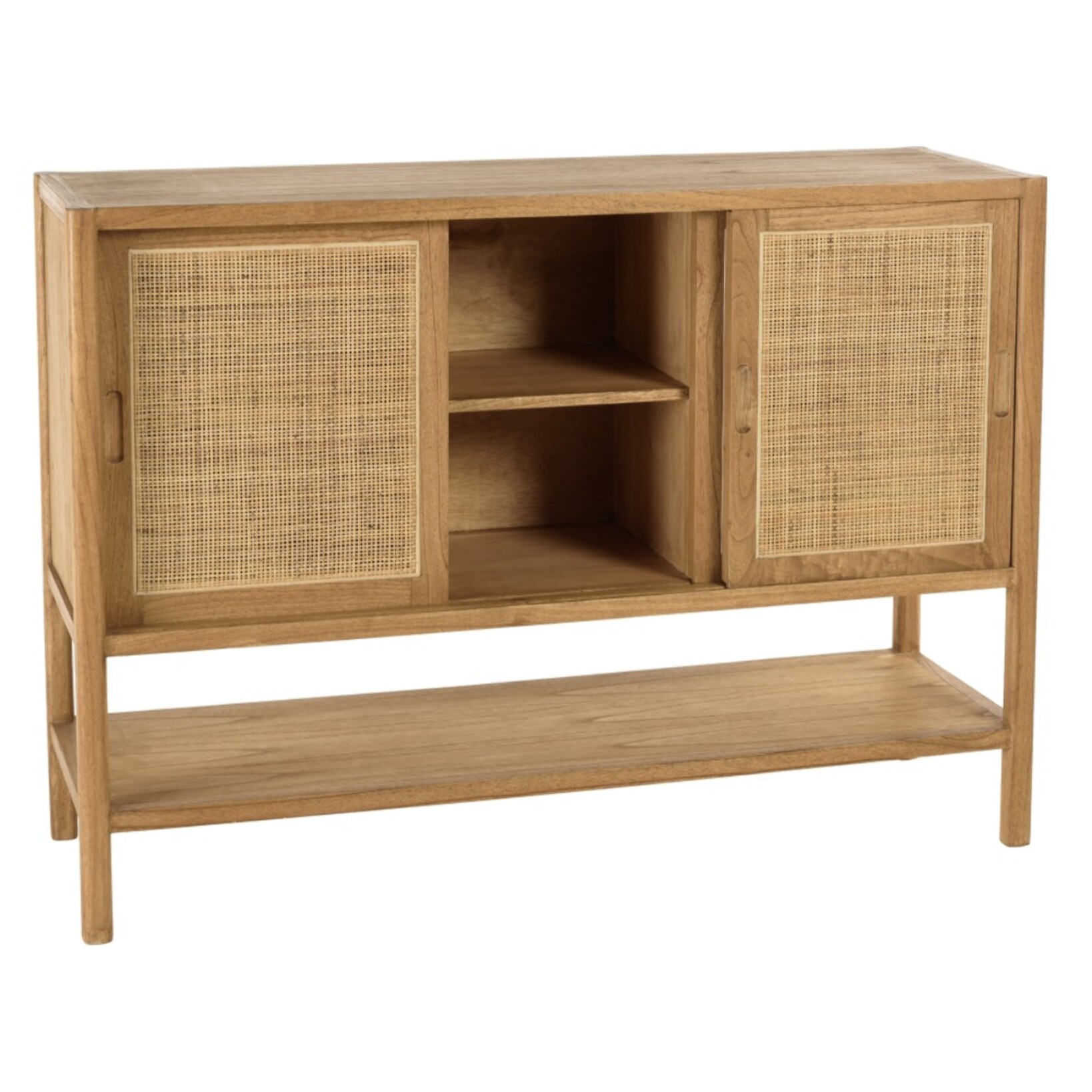 AMY - Buffet 2 étagères 3 portes coulissantes en mindi et rotin naturel AMY
