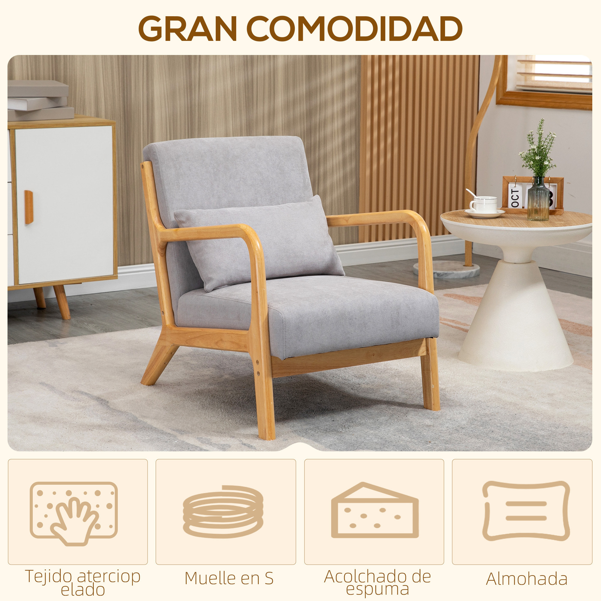 Butaca de Salón Butaca Nórdica Sillón de Salón con Reposabrazos Cojín y Marco de Madera de Caucho para Dormitorio Carga 120 kg 61x78x76 cm Gris