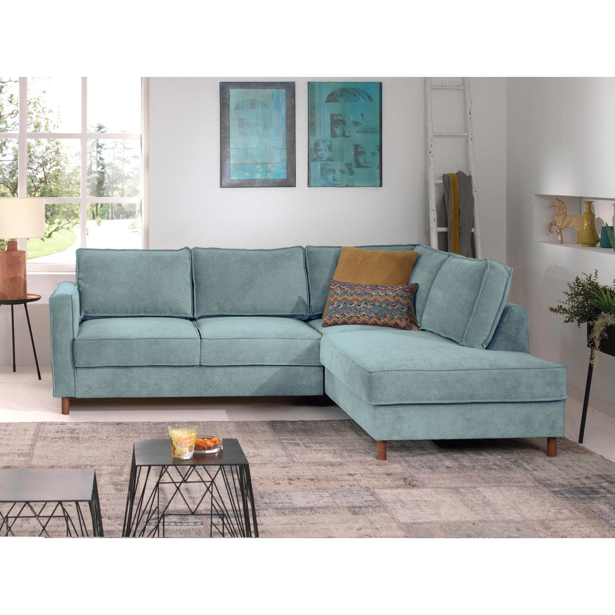 Jake - canapé d'angle droit - convertible - 5 places - en velours côtelé - Bleu