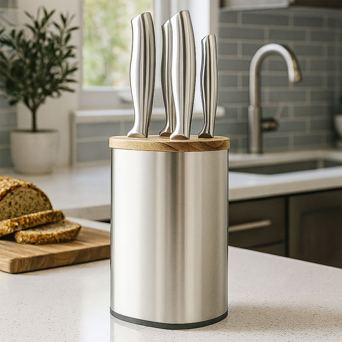 Bloc à couteaux 5 pièces en acier inoxydable et bois