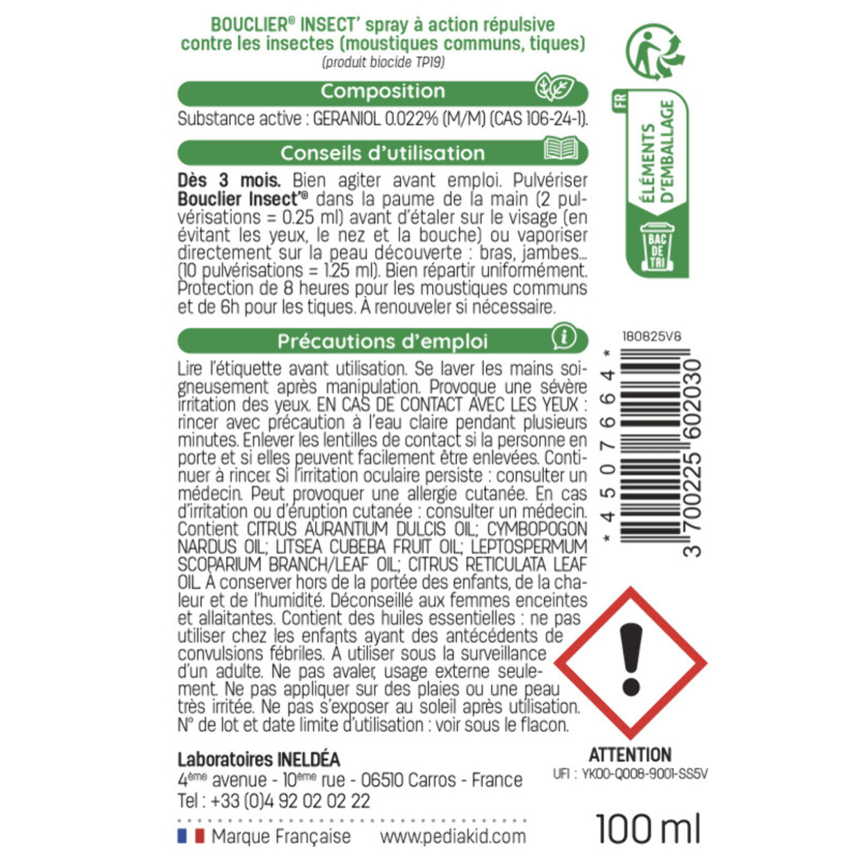 PEDIAKID - Bouclier Insect'- Spray Répulsif aux Huiles Essentielles - Contre les moustiques, tiques et guêpes - Dès 3 mois - Lot de 3 Flacons 100ml
