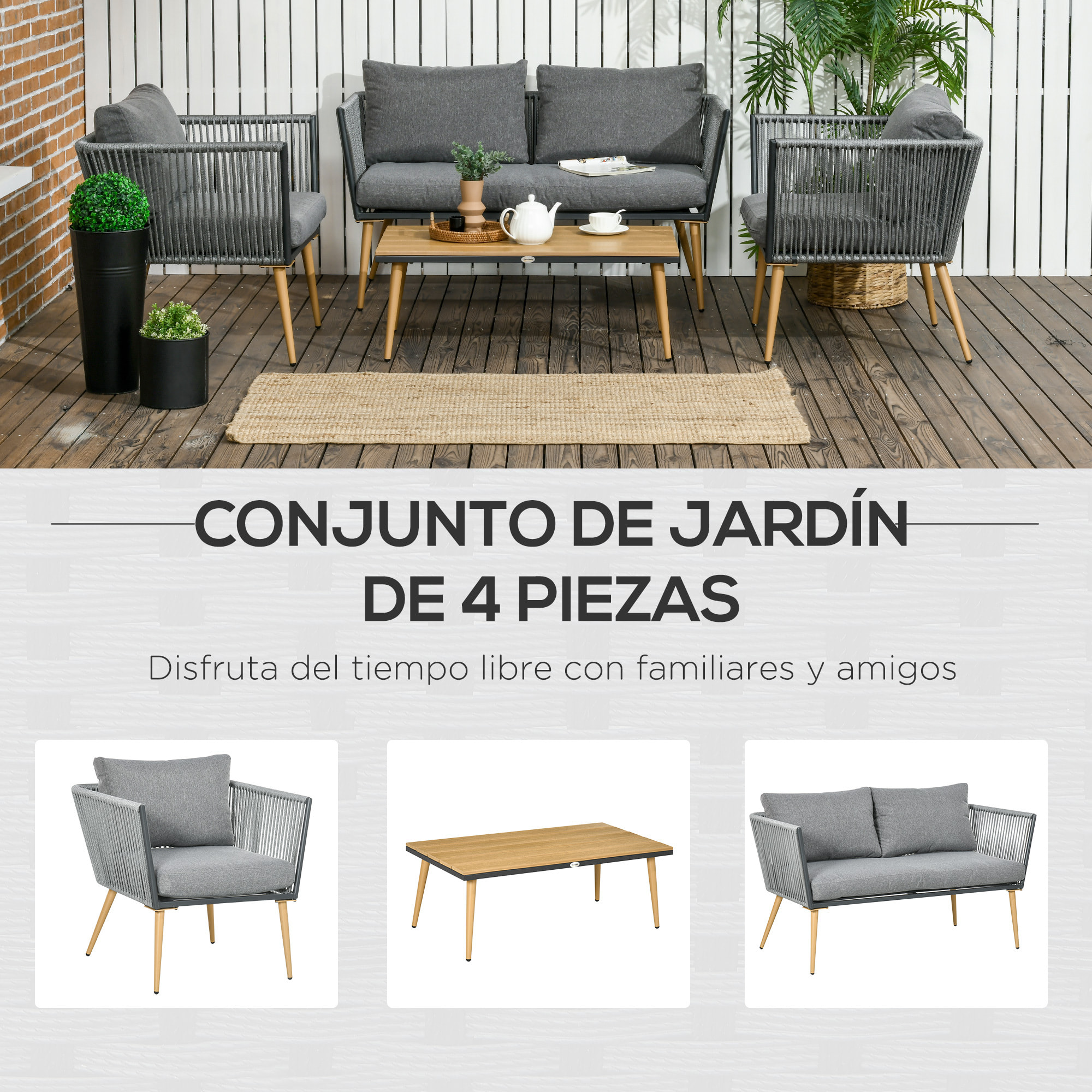 Juego de Muebles de Jardín de Ratán 4 Piezas Juego de Conversación Incluye Sofá de 2 Plazas 2 Sillones y Mesa de Centro de Tablero de Madera y Plástico Cojines Anti-UV para Terraza Patio Gris