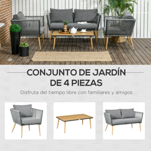 Juego de Muebles de Jardín de Ratán 4 Piezas Juego de Conversación Incluye Sofá de 2 Plazas 2 Sillones y Mesa de Centro de Tablero de Madera y Plástico Cojines Anti-UV para Terraza Patio Gris