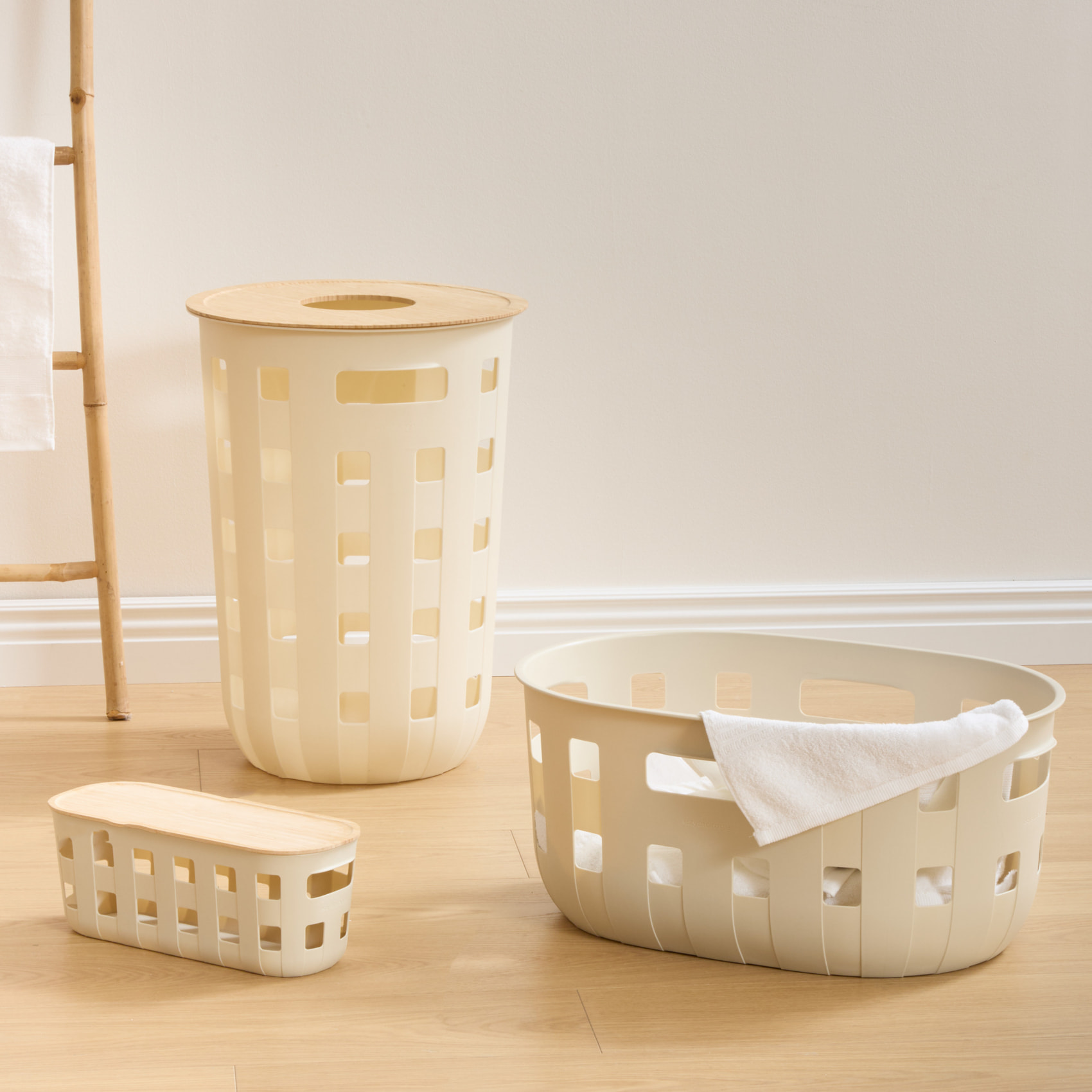 Panier de rangement avec couvercle en bambou - Crème