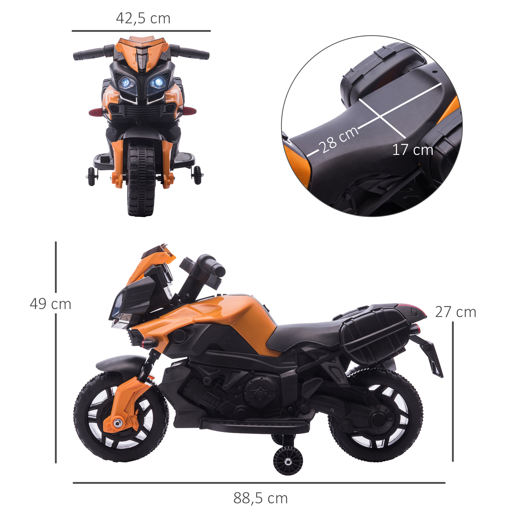 MotoEléctricaparaNiñosde18-48Meses6VconFarosBocina2RuedasdeEquilibrioVelocidad3km/hAvanceyRetrocesoMotocicletadeJugueteCarga25kg88,5x42,5x49cmNaranja