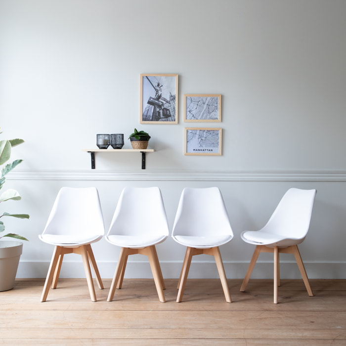 Lot de 4 chaises scandinaves NORA blanches avec coussin
