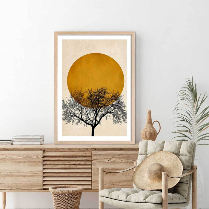 Affiche dessin ""arbre et sérénité"" Affiche + cadre en bois - Chêne