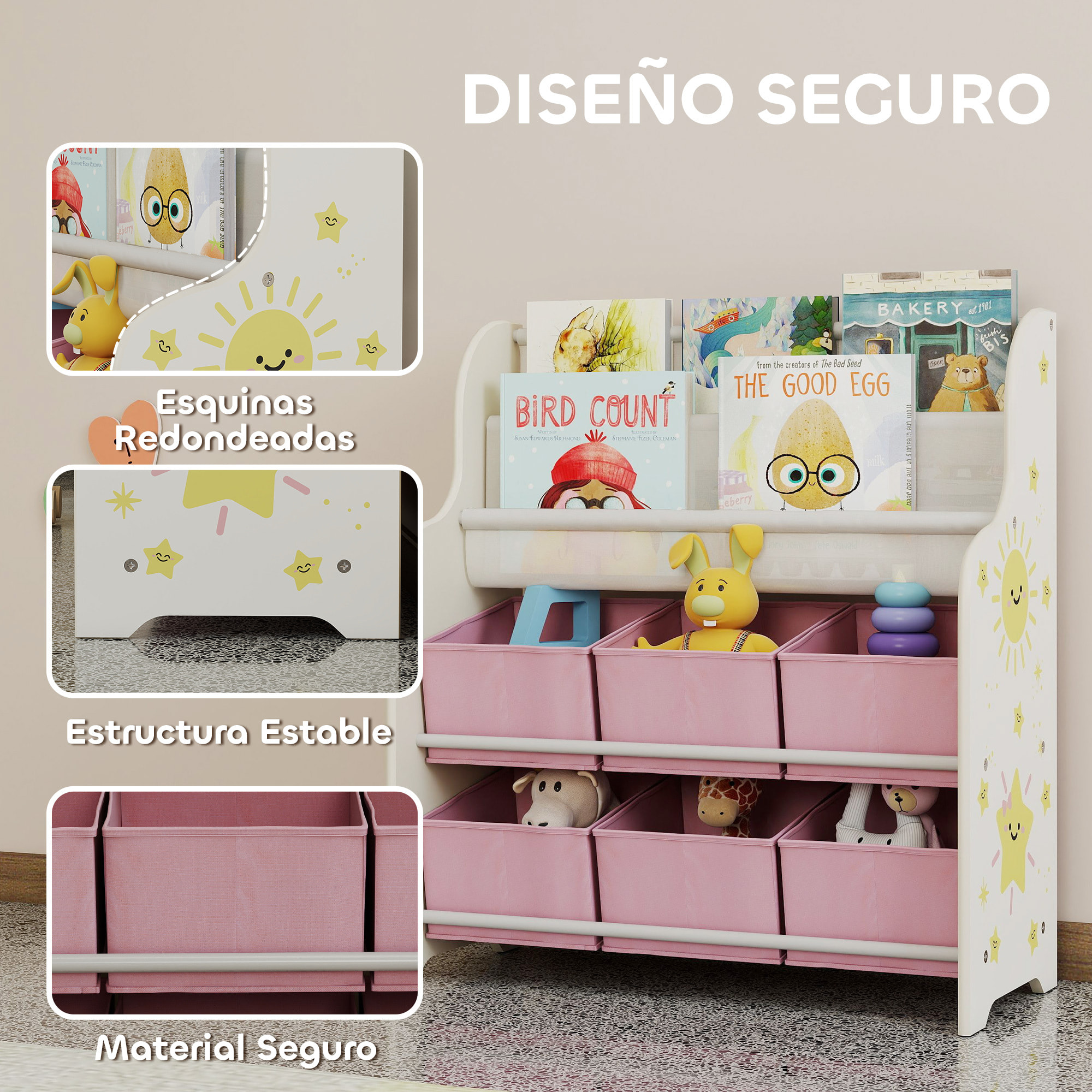 Estantería Infantil para Juguetes, con 6 Cajas Extraíbles de Tela no Tejida, Organizador de Juguetes con 2 Estantes, para Habitación Infantil, Sala de Juegos, Guardería, 63x30x71 cm, Rosa