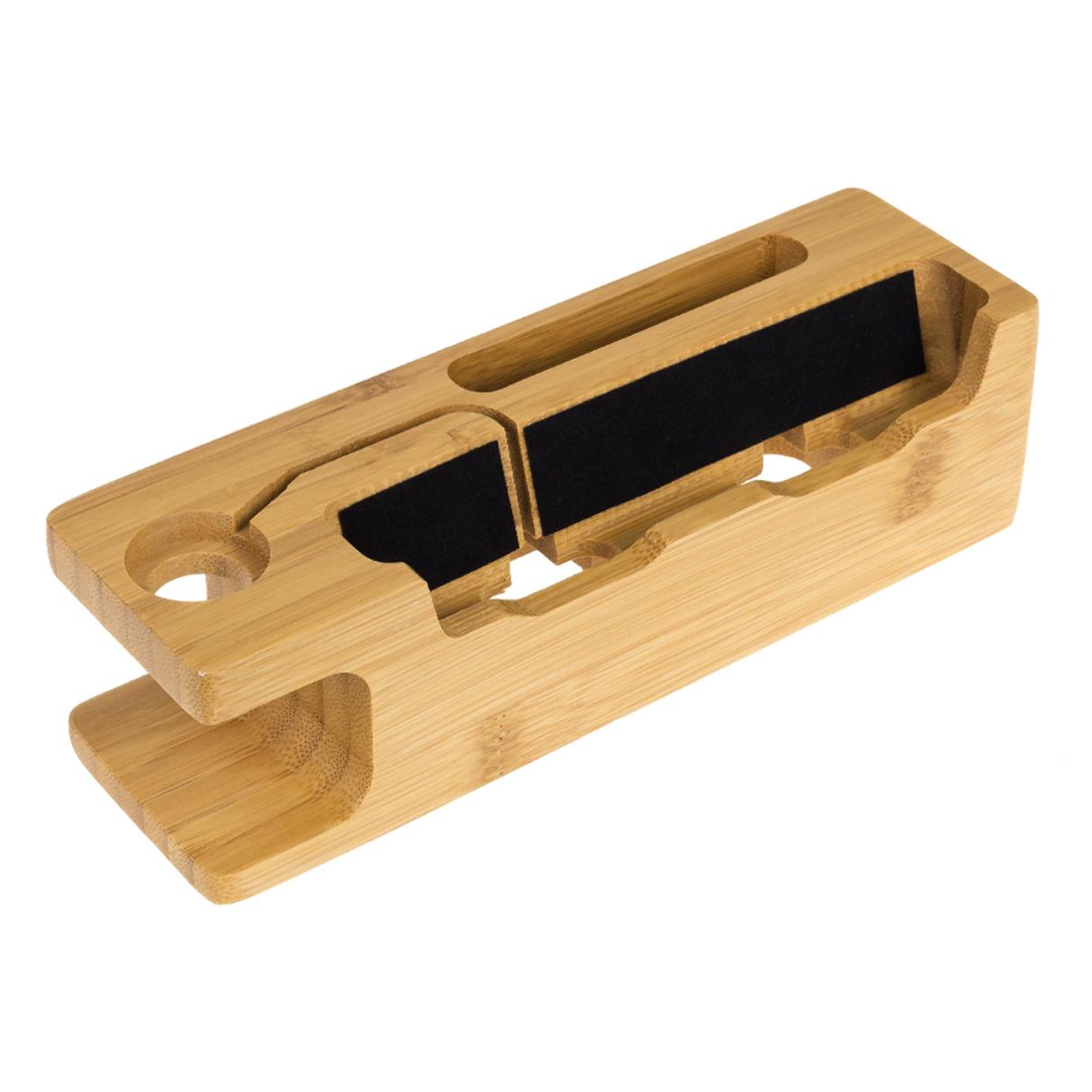 Supporto in legno per 2 smartphone, iWatch e supporto multiuso.