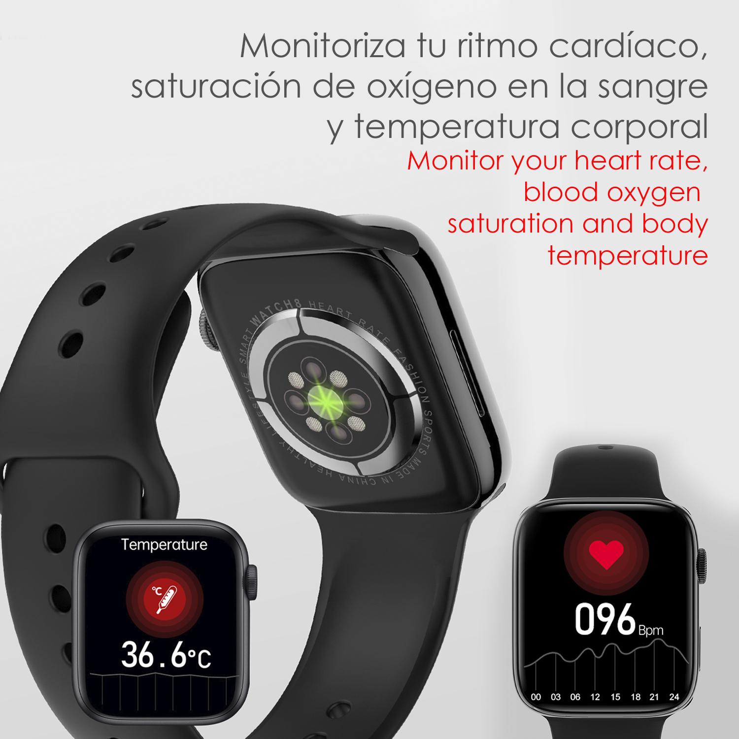 Smartwatch DT8 MAX con modalità sport, assistente vocale, Widget, schermo da 2”. Pressione sanguigna, O2, monitor cardiaco; termometro.