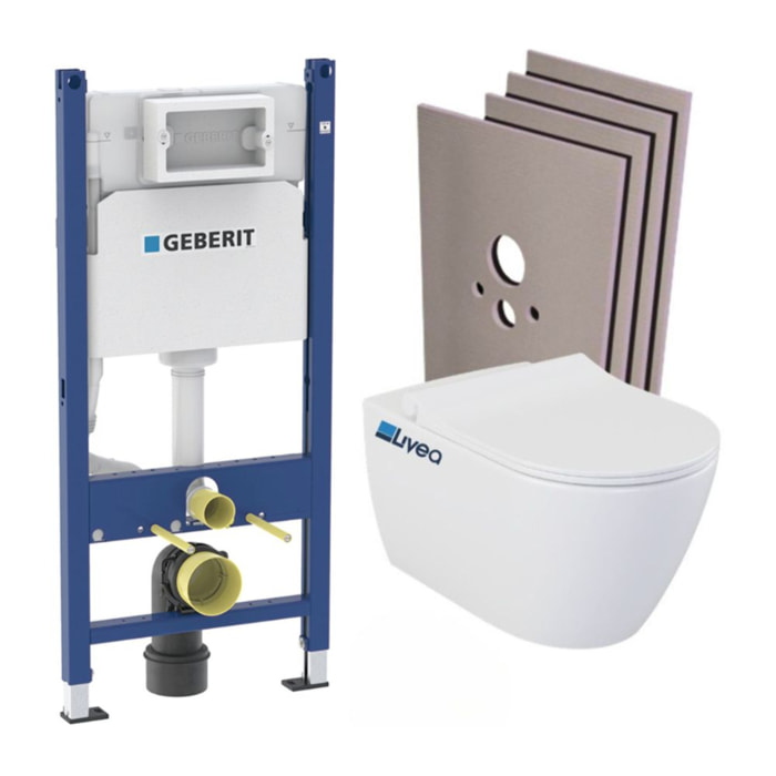 Pack WC Bati-support Geberit Duofix + WC suspendu sans bride Livea Bello + Abattant soft close + Plaque Blanche + Set d'habillag
