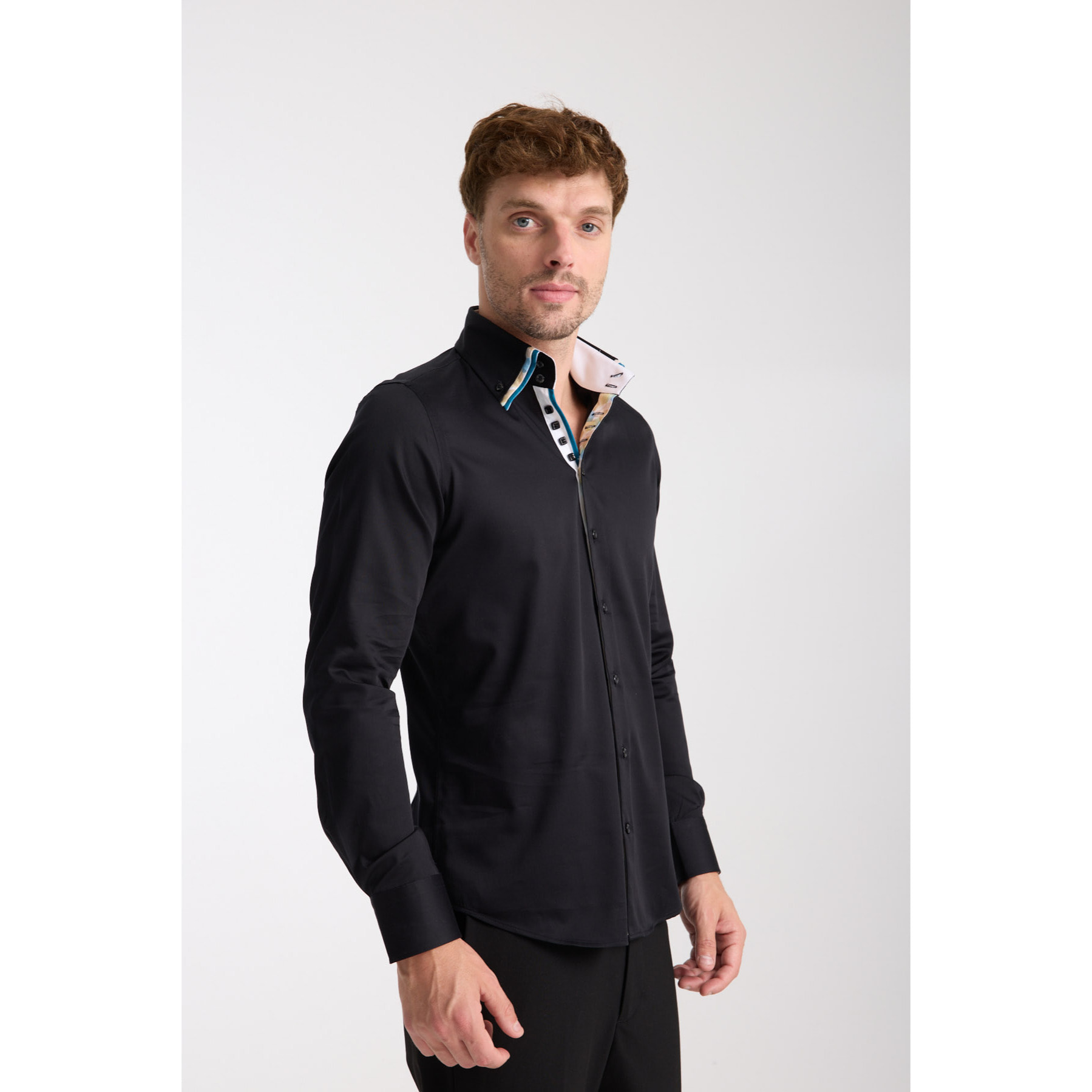 Camicia Uomo 2 Bottoni Button Down Triplo Collo Slim Satin Unito Nero