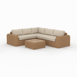 Salon de jardin 4 personnes en résine tressé et tissu beige - Savana