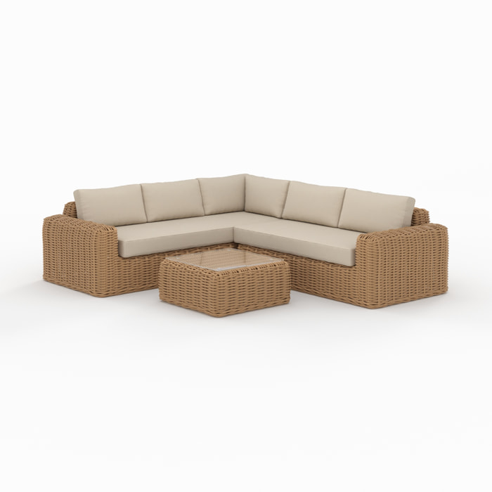 Salon de jardin 4 personnes en résine tressé et tissu beige - Savana