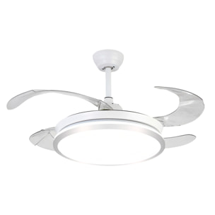 Ventilador de techo 7807 120 cm, aspas retráctiles, motor DC 36W, luz LED regulable 60W, 6 velocidades y modo invierno/verano. Control mediante mando a distancia o aplicación móvil.