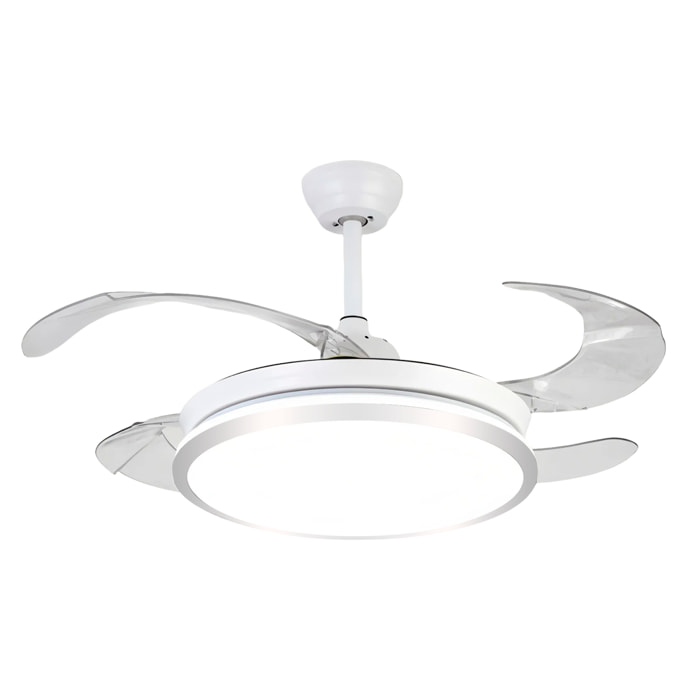 Ventilador de techo 7807 120 cm, aspas retráctiles, motor DC 36W, luz LED regulable 60W, 6 velocidades y modo invierno/verano. Control mediante mando a distancia o aplicación móvil.