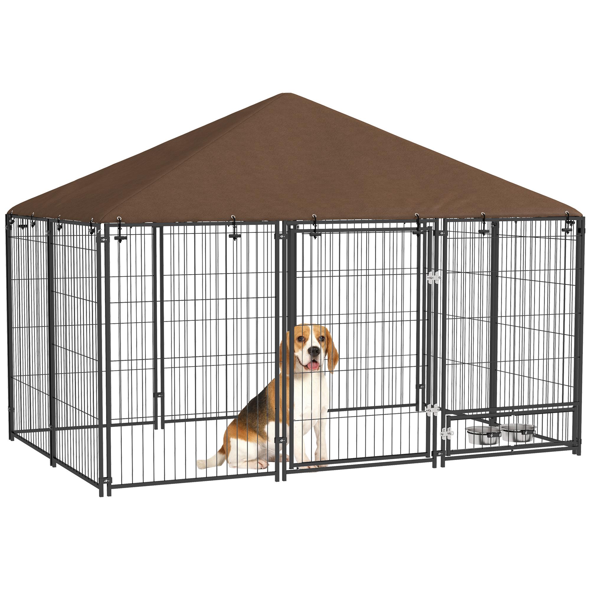 Perrera con Toldo Parque para Perros Metálica de Exterior con Soporte Giratorio para Comida 2 Cuencos para Patio Jardín Terraza 211x141x151 cm Negro