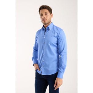 Camicia Uomo 2 Bottoni Button Down Slim Satin Unito Celeste Medio