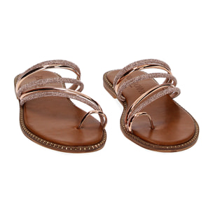 Sandalias planas rosa-dorado espejo con piedras